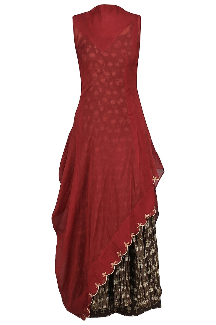 Maroon Drape Dress With Printed Anarkali Set by Prama by Pratima Pandey