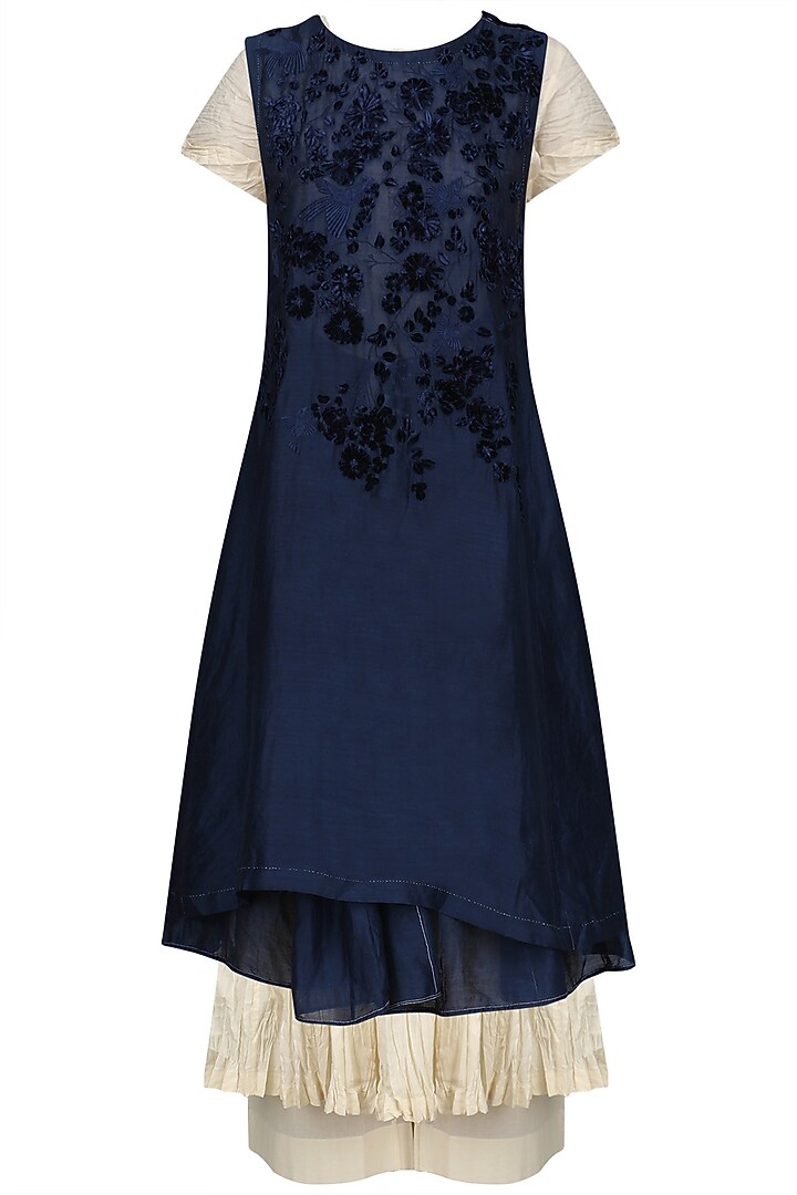 Midnight Blue embroidered wrap dress with anarkali and palazzo pants set available only at Pernia's Pop Up Shop.