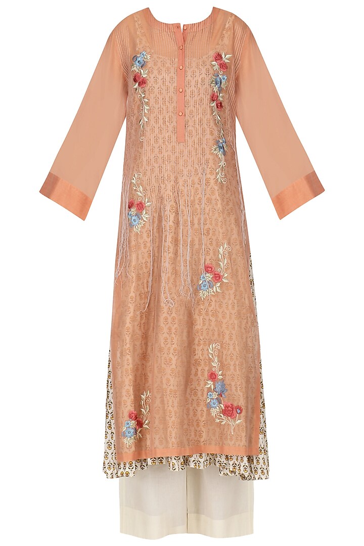 Peach embroidered kurta with anarkali and palazzo pants set available only at Pernia's Pop Up Shop.