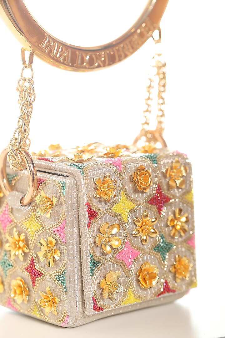 Gold Faux Leather & Metal Embroidered Mini Cube Bag by Papa don't preach by Shubhika Accessories at Pernia's Pop Up Shop