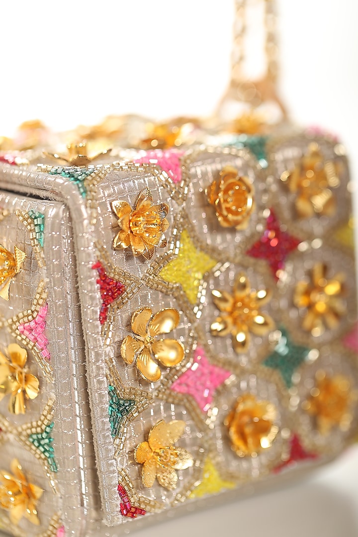 Gold Faux Leather & Metal Embroidered Mini Cube Bag by Papa don't preach by Shubhika Accessories at Pernia's Pop Up Shop