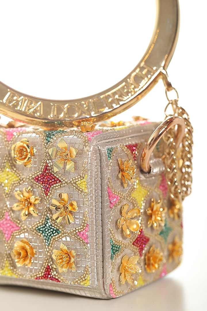Gold Faux Leather & Metal Embroidered Mini Cube Bag by Papa don't preach by Shubhika Accessories at Pernia's Pop Up Shop