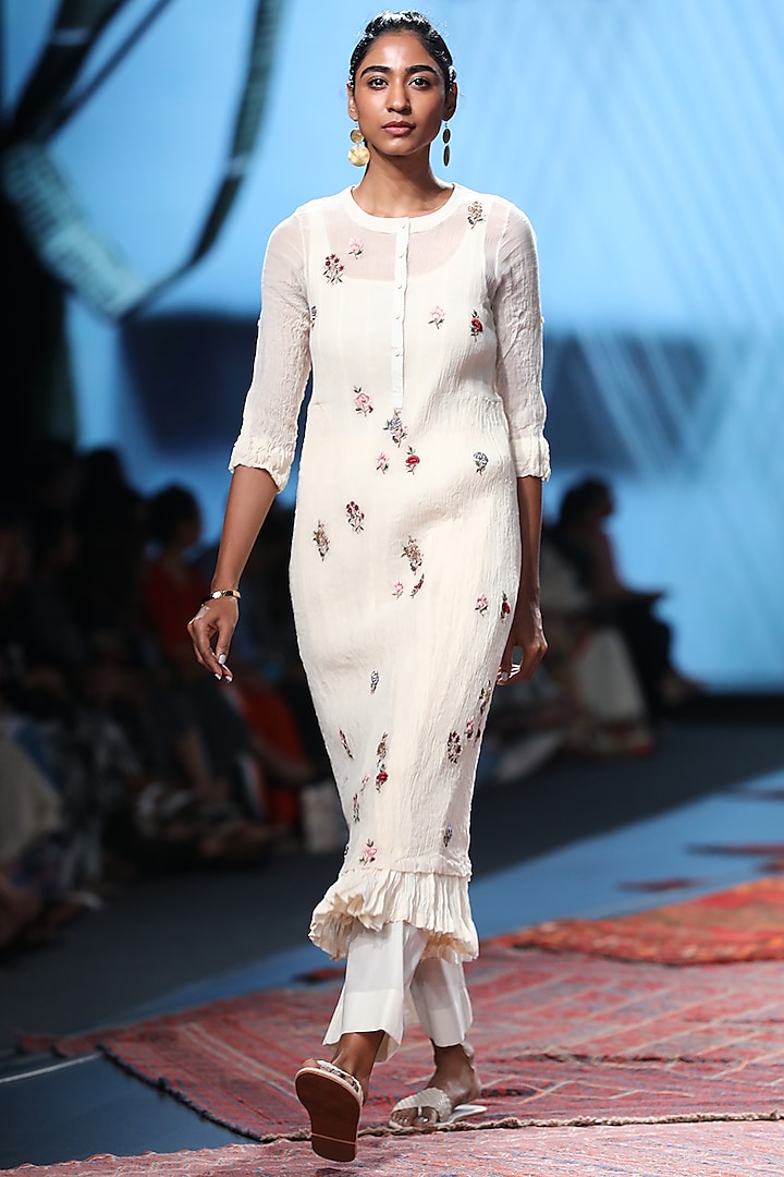 White Silk Chanderi Sheer Vacation Dress With Crushed Inner by Prama by Pratima Pandey at Pernia's Pop Up Shop