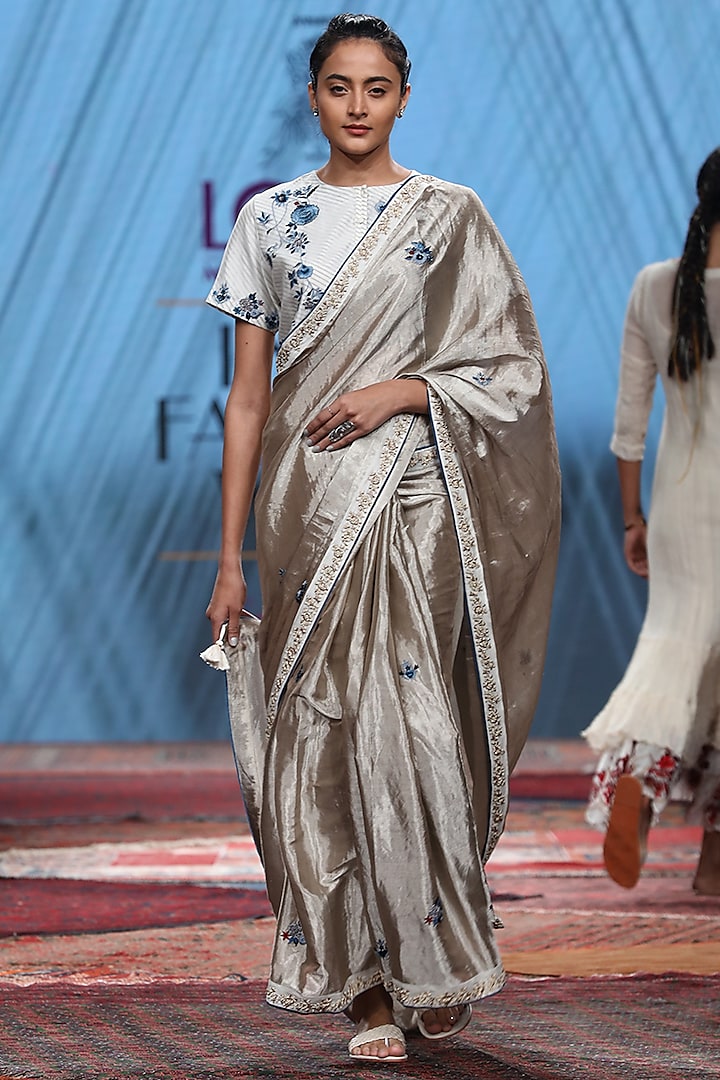 Silver & White Embroidered Saree Set by Prama by Pratima Pandey