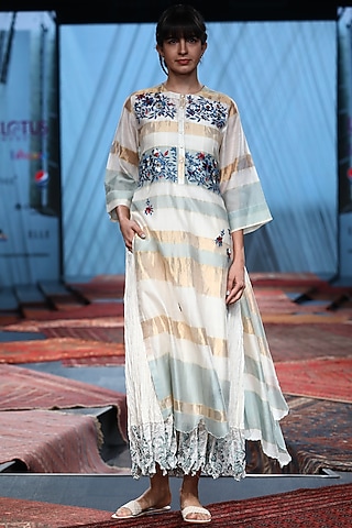 Multi Colored Silk Chanderi Embroidered Dress With Inner by Prama by Pratima Pandey