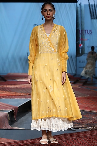 Yellow Silk Chanderi Embroidered Dress With Inner by Prama by Pratima Pandey