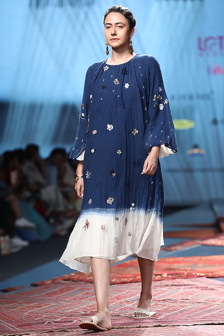 Blue Ombre Sheer Dress With Embroidery by Prama by Pratima Pandey
