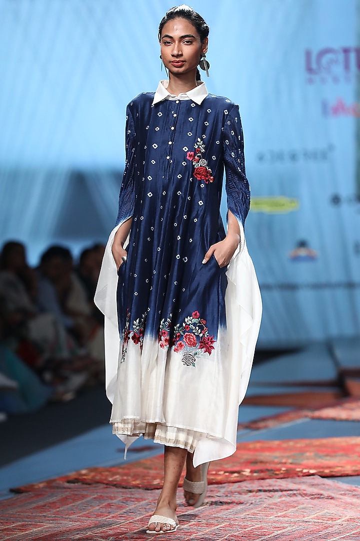 Blue Embroidered Ombre Sheer Dress by Prama by Pratima Pandey
