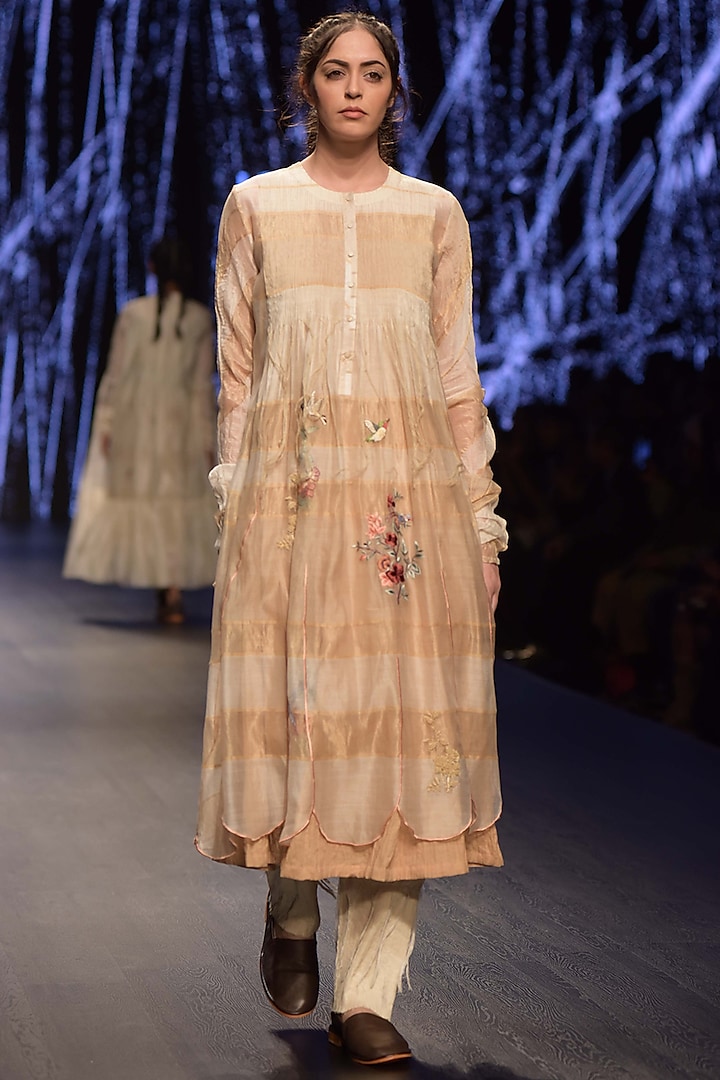 Beige Embroidered Tunic With Inner & Palazzo Pants by Prama by Pratima Pandey