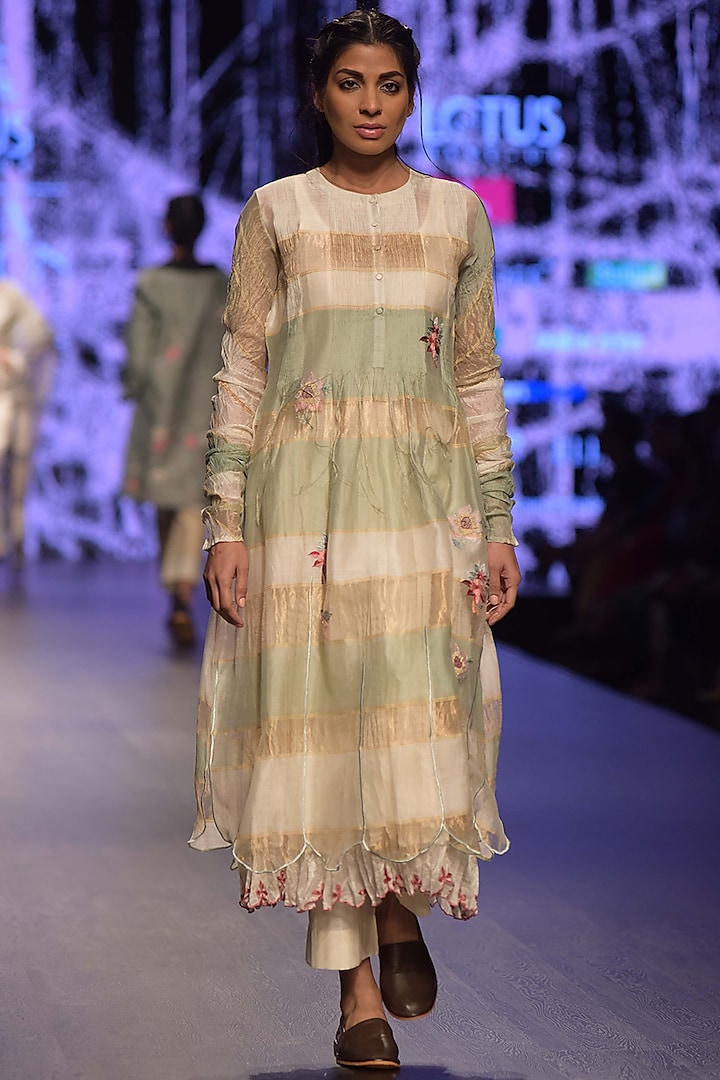 Beige Embroidered Pintuck Kurta With Inner by Prama by Pratima Pandey