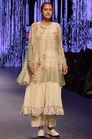 Ivory Striped Kurta With Inner & Embroidered Palazzo Pants by Prama by Pratima Pandey