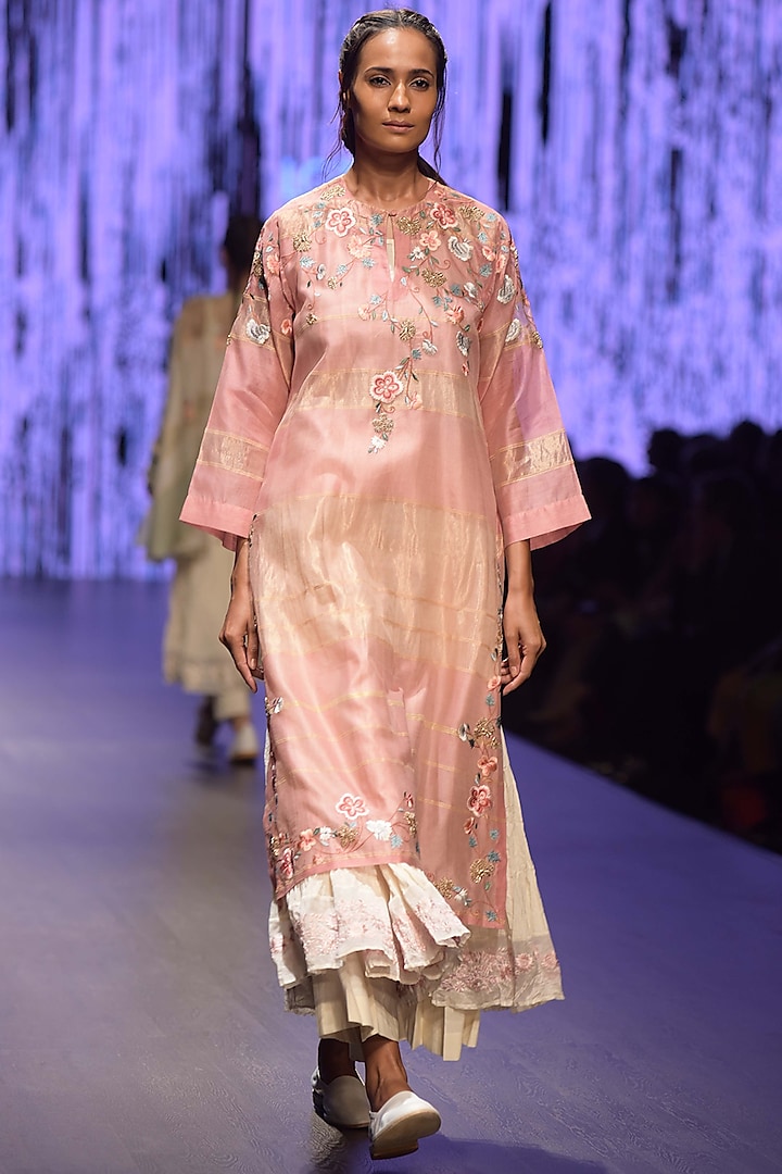 Blush Pink Embroidered & Striped Tunic With Inner by Prama by Pratima Pandey