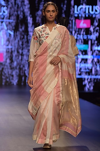 Pink & Ivory Maheshwari Saree Set by Prama by Pratima Pandey