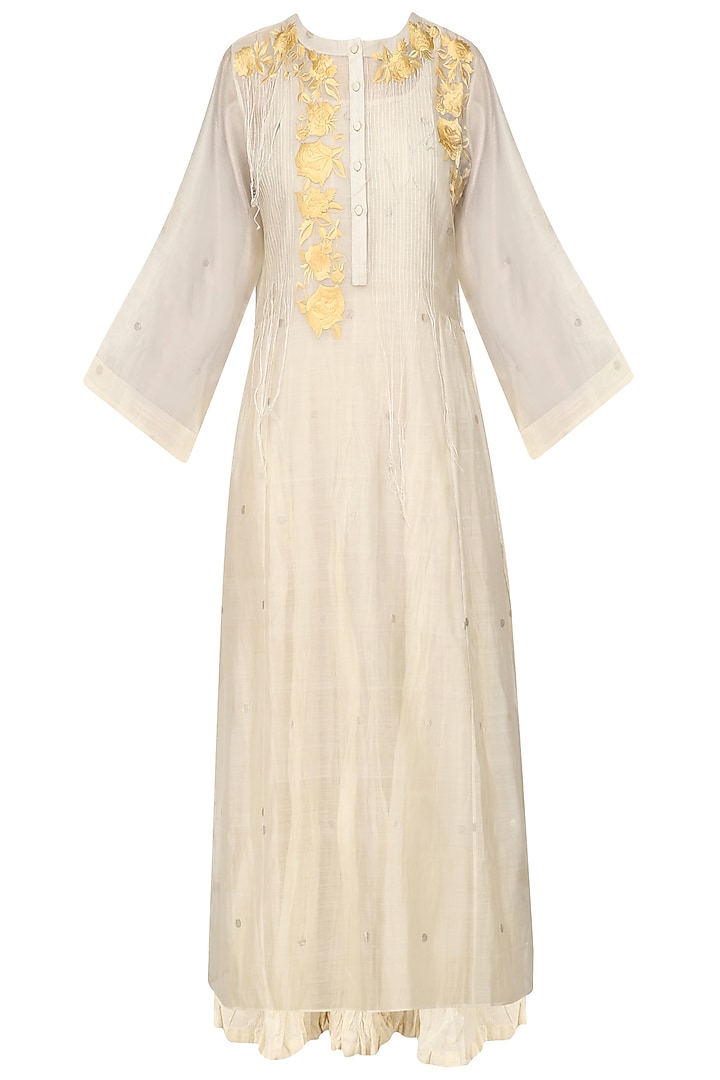 Ivory and yellow floral embroidered kurta with crushed anarkali available only at Pernia's Pop Up Shop.