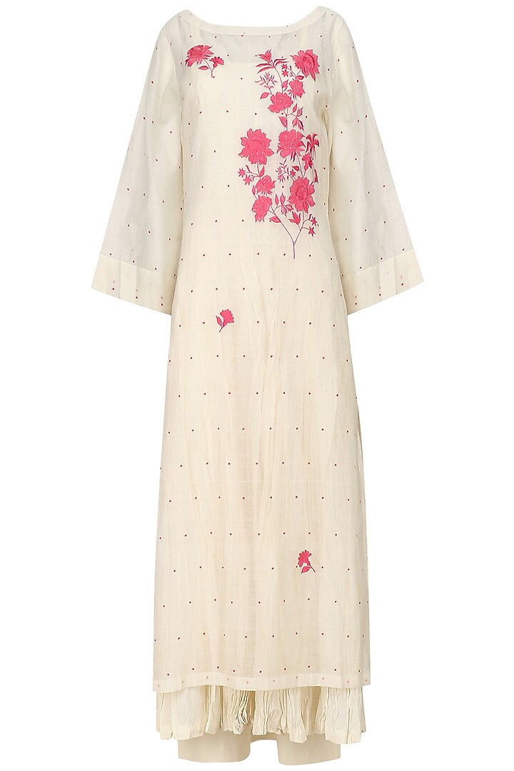Ivory and pink embroidered kurta, crushed inner and palazzo pants set available only at Pernia's Pop Up Shop.