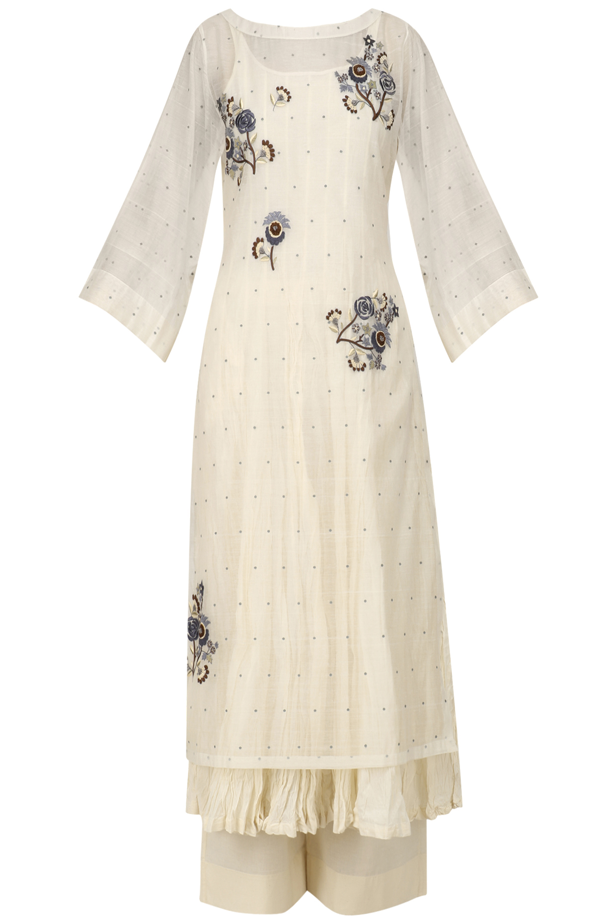Ivory parsi embroidered kurta, crushed anarkali and palazzo pants set available only at Pernia's Pop Up Shop.