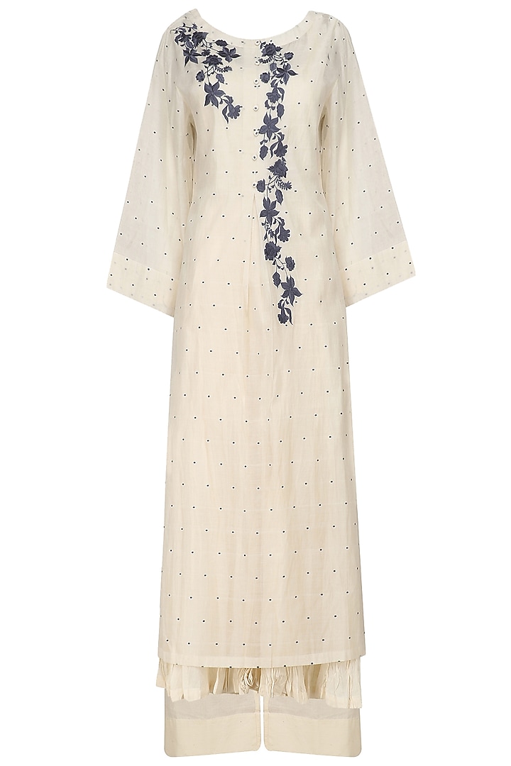 Ivory and blue embroidered kurta, crushed anarkali and palazzo pants set available only at Pernia's Pop Up Shop.