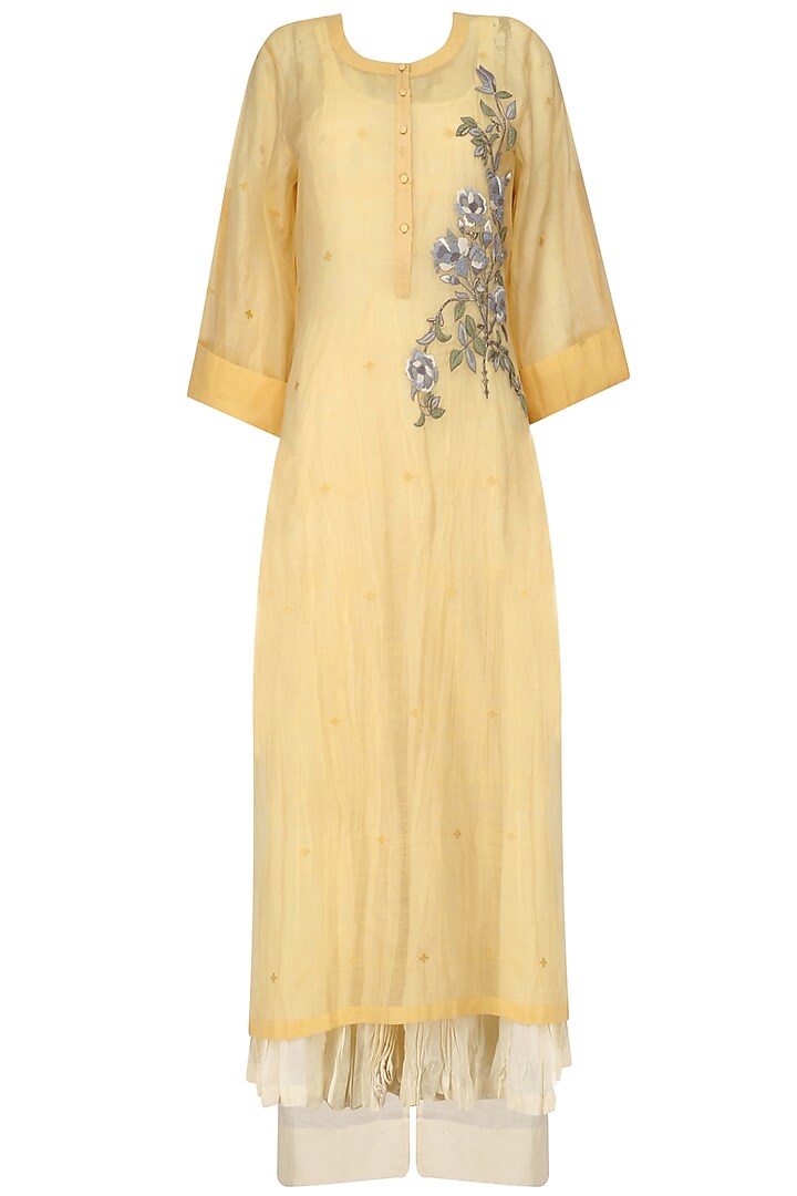 Yellow embroidered kurta, beige crushed anarkali and palazzo pants set available only at Pernia's Pop Up Shop.