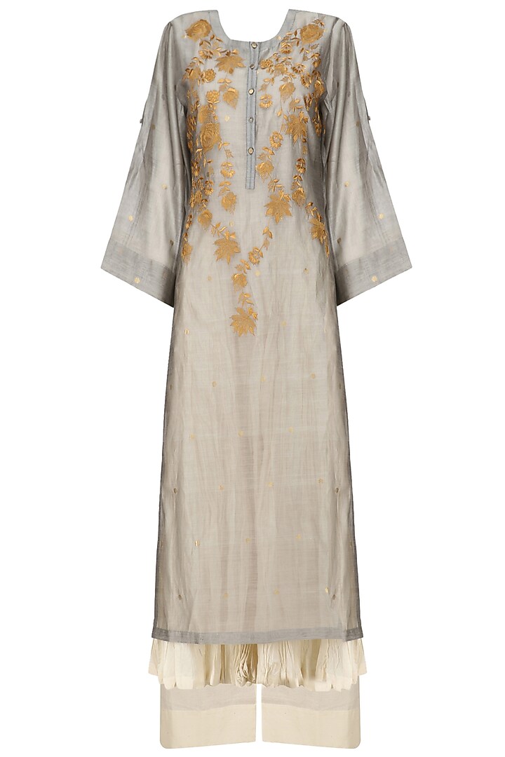 Grey floral embroidered kurta, beige crushed anarkali and palazzo pants set available only at Pernia's Pop Up Shop.