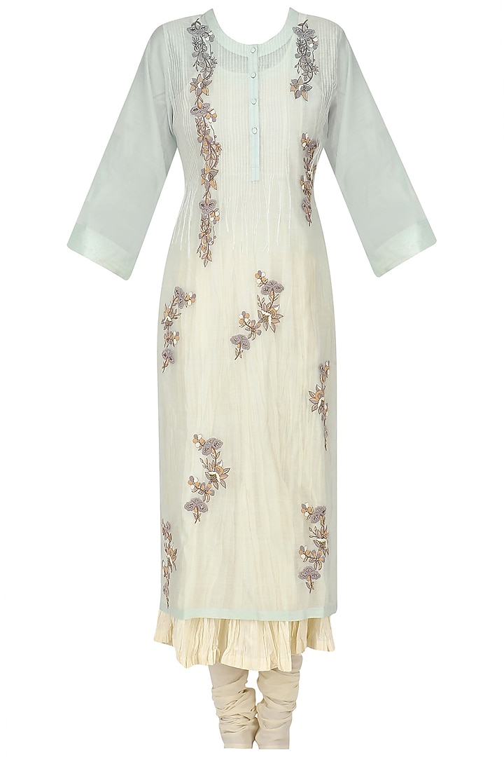 Turquoise hand woven kurta with crushed anarkali and churidaar pants available only at Pernia's Pop Up Shop.