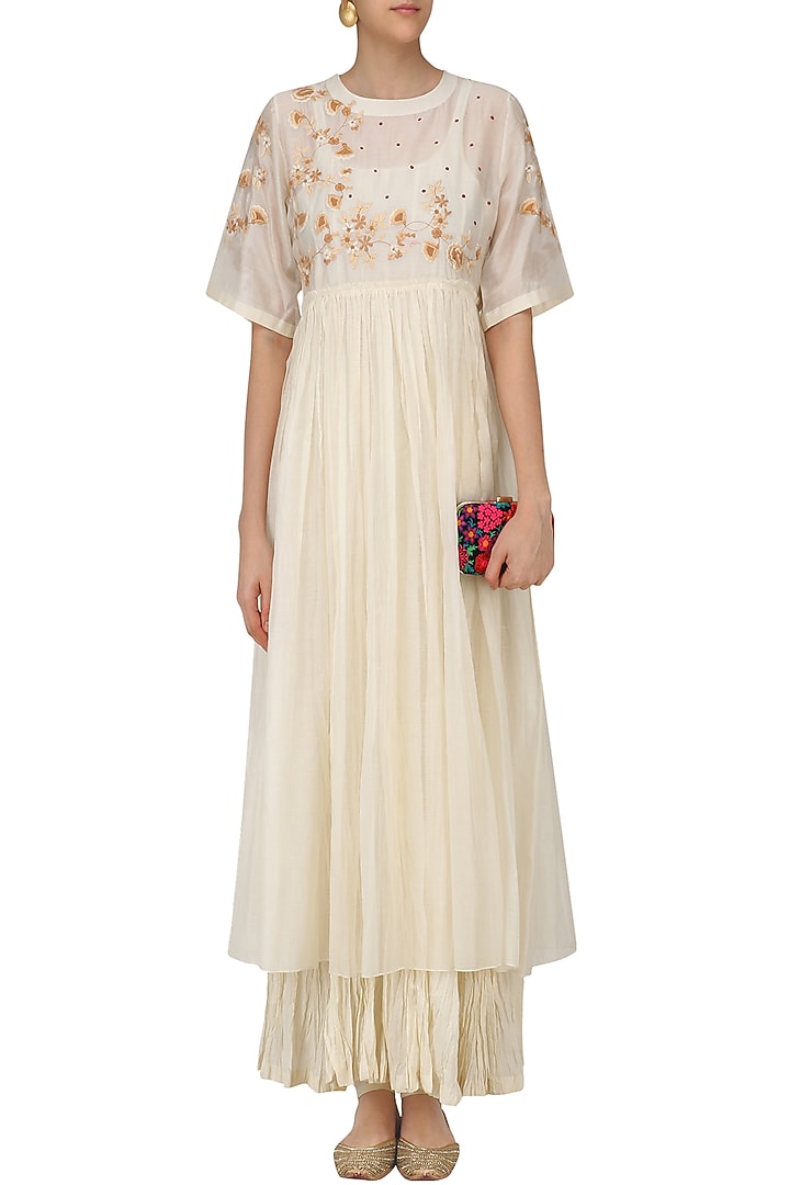 Ivory embroidered long dress with crushed anarkali available only at Pernia's Pop Up Shop.