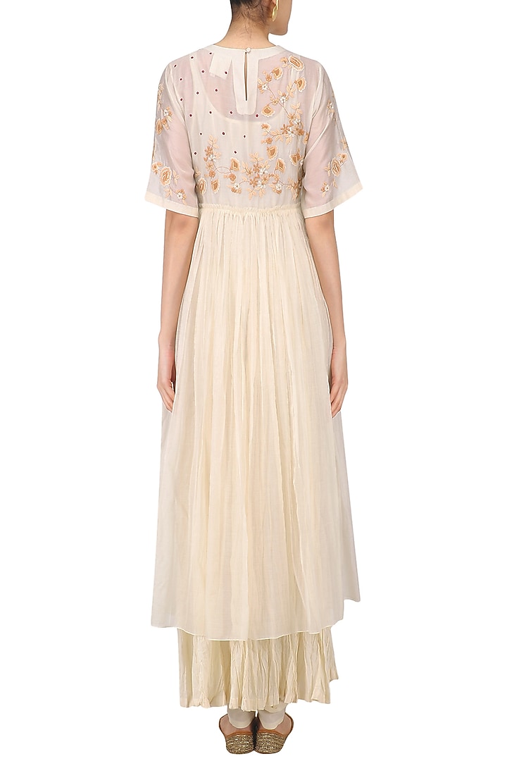 Ivory embroidered long dress with crushed anarkali available only at Pernia's Pop Up Shop.