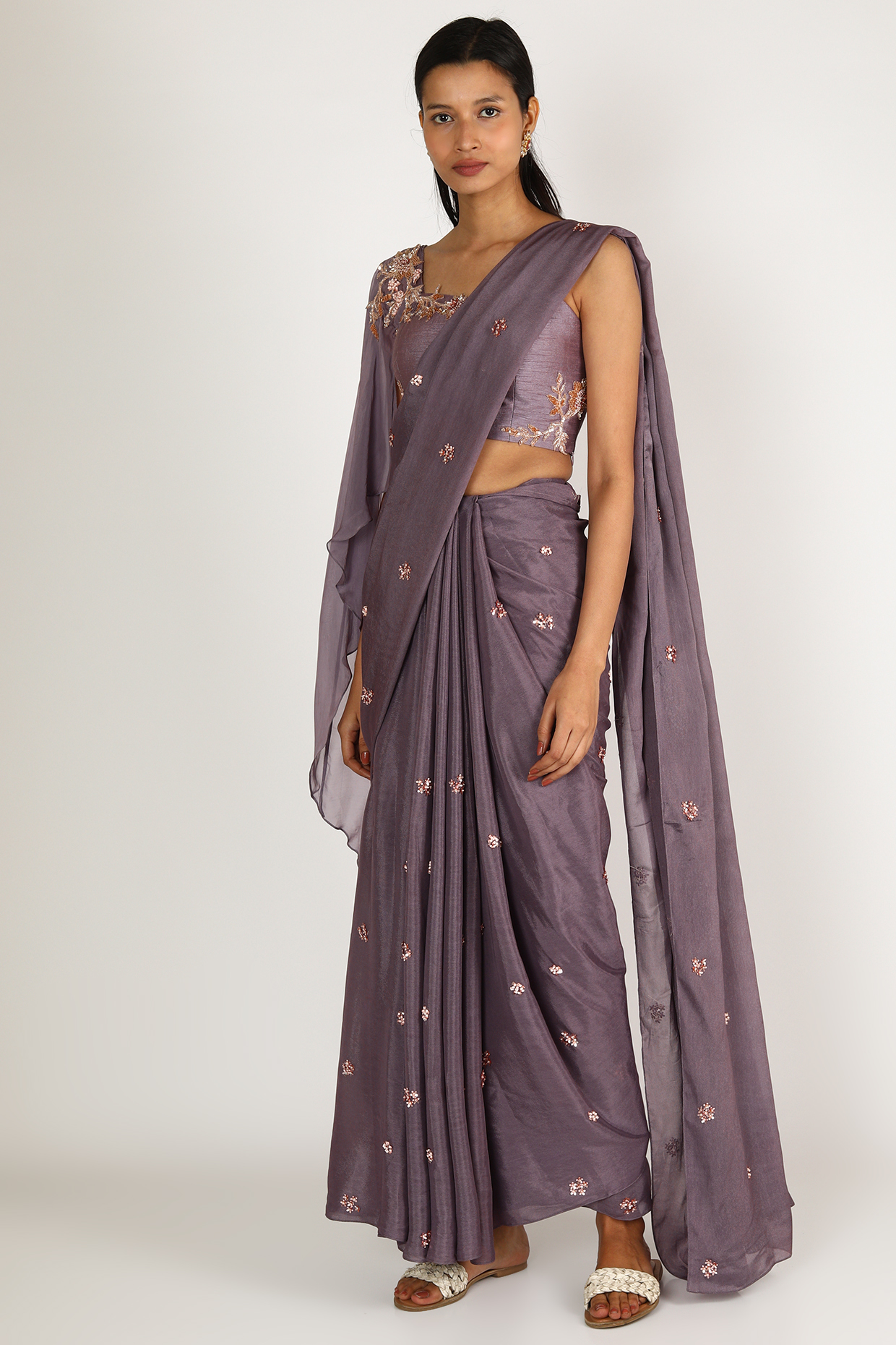 Purple Embroidered Draped Party Wear Saree Set by MASUMI MEWAWALLA at Pernia's Pop Up Shop