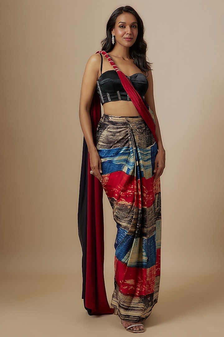 Rust Gajji & Mashru Ajrakh Printed Party Wear Saree Set by Masumi Mewawalla at Pernia's Pop Up Shop