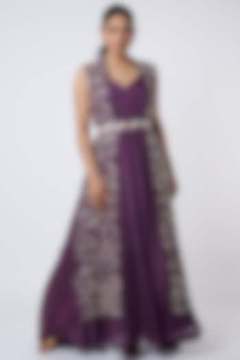 Purple Embroidered Gown With Jacket by MASUMI MEWAWALLA