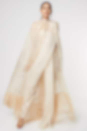 Golden Organza Aari Embroidered & Floral Printed Jacket Pant Wedding Saree Set by MASUMI MEWAWALLA at Pernia's Pop Up Shop