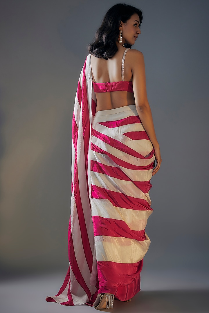 Hot Pink & Beige Tissue Color-Block Printed Party Wear Saree Set by MASUMI MEWAWALLA at Pernia's Pop Up Shop