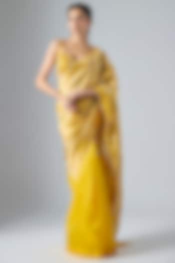 Mustard Yellow Pure Zari Tissue Floral Embroidered Wedding Saree Set by Masumi Mewawalla at Pernia's Pop Up Shop