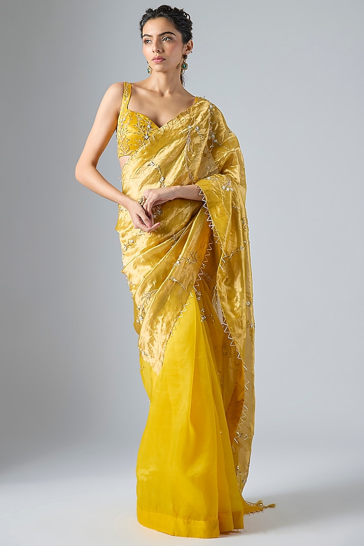 Mustard Yellow Pure Zari Tissue Floral Embroidered Wedding Saree Set by Masumi Mewawalla at Pernia's Pop Up Shop