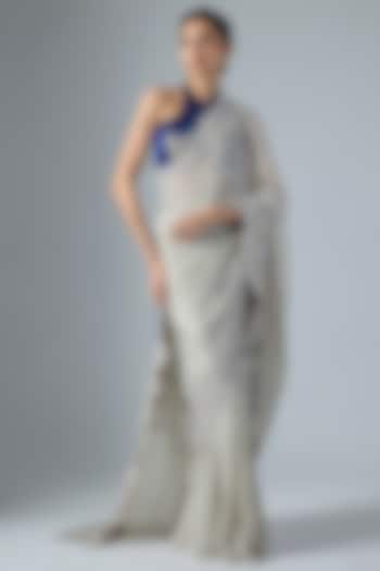 Silver Habutai Silk Cutwork Embroidered Wedding Saree Set by Masumi Mewawalla at Pernia's Pop Up Shop