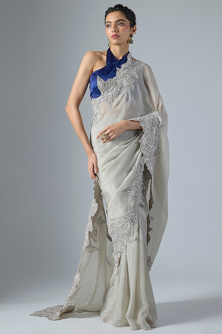Silver Habutai Silk Cutwork Embroidered Wedding Saree Set by Masumi Mewawalla at Pernia's Pop Up Shop