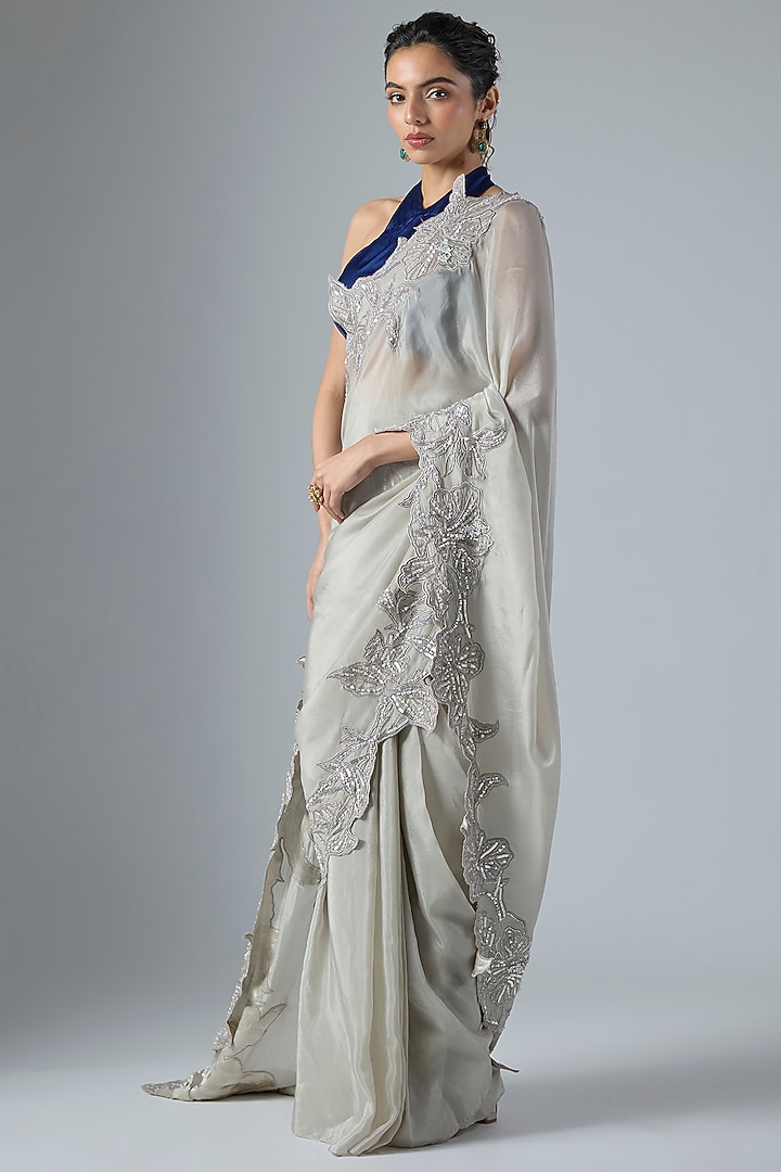 Silver Habutai Silk Cutwork Embroidered Wedding Saree Set by Masumi Mewawalla at Pernia's Pop Up Shop
