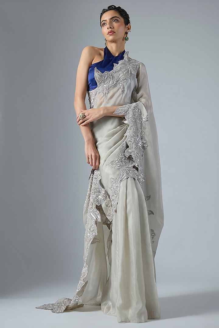 Silver Habutai Silk Cutwork Embroidered Wedding Saree Set by Masumi Mewawalla at Pernia's Pop Up Shop