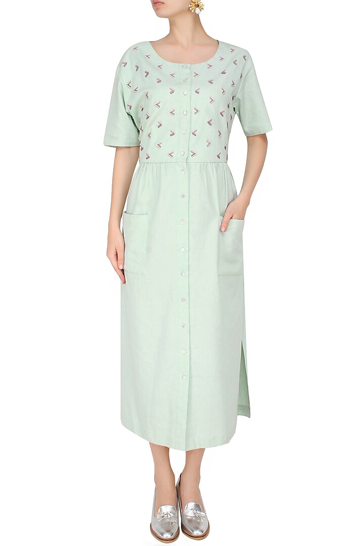 Sea green embroidered gathered dress available only at Pernia's Pop Up Shop.