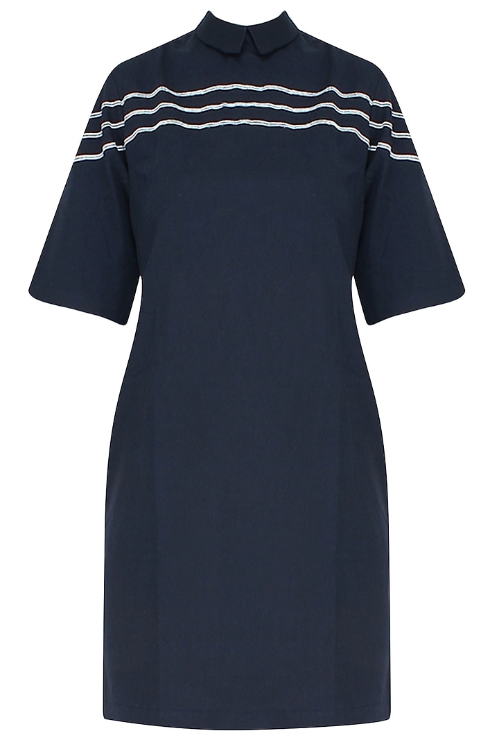 Ink Blue Striped Embroidered Anti-Fit Dress by The Pot Plant