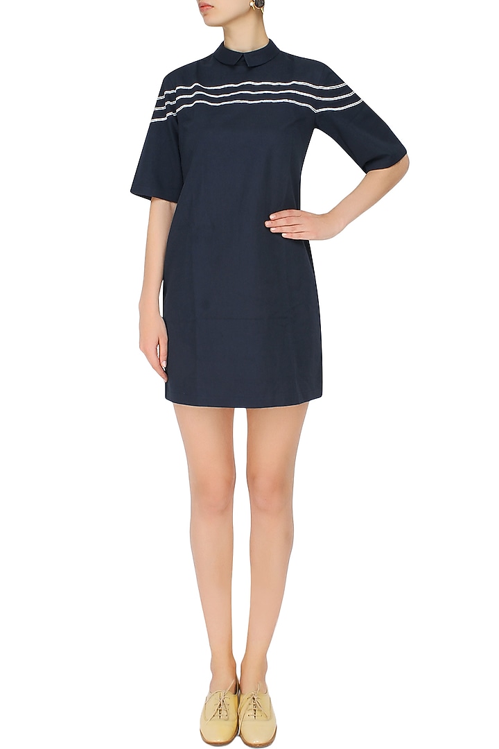 Ink blue striped embroidered anti-fit dress available only at Pernia's Pop Up Shop.
