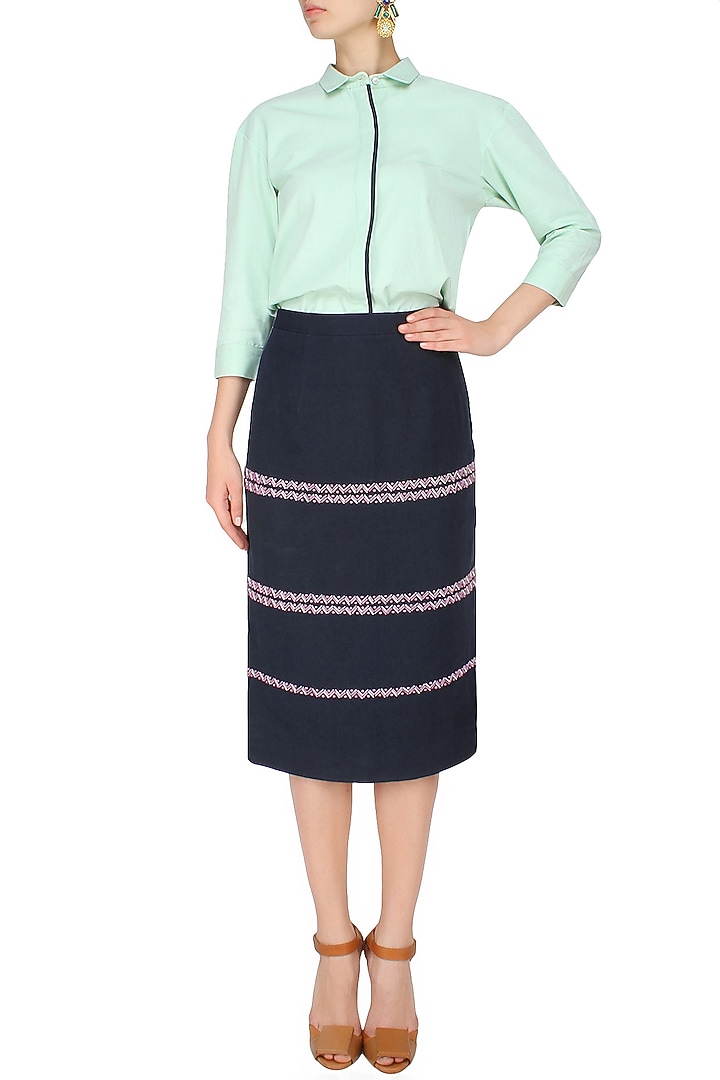 Ink blue chevron pattern embroidered skirt available only at Pernia's Pop Up Shop.