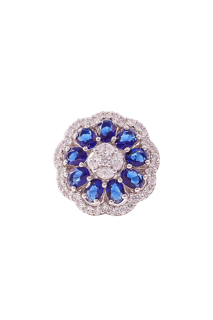 White Rhodium Finish Cubic Zirconia & Blue Stone Floral Ring In Sterling Silver by PRATA at Pernia's Pop Up Shop