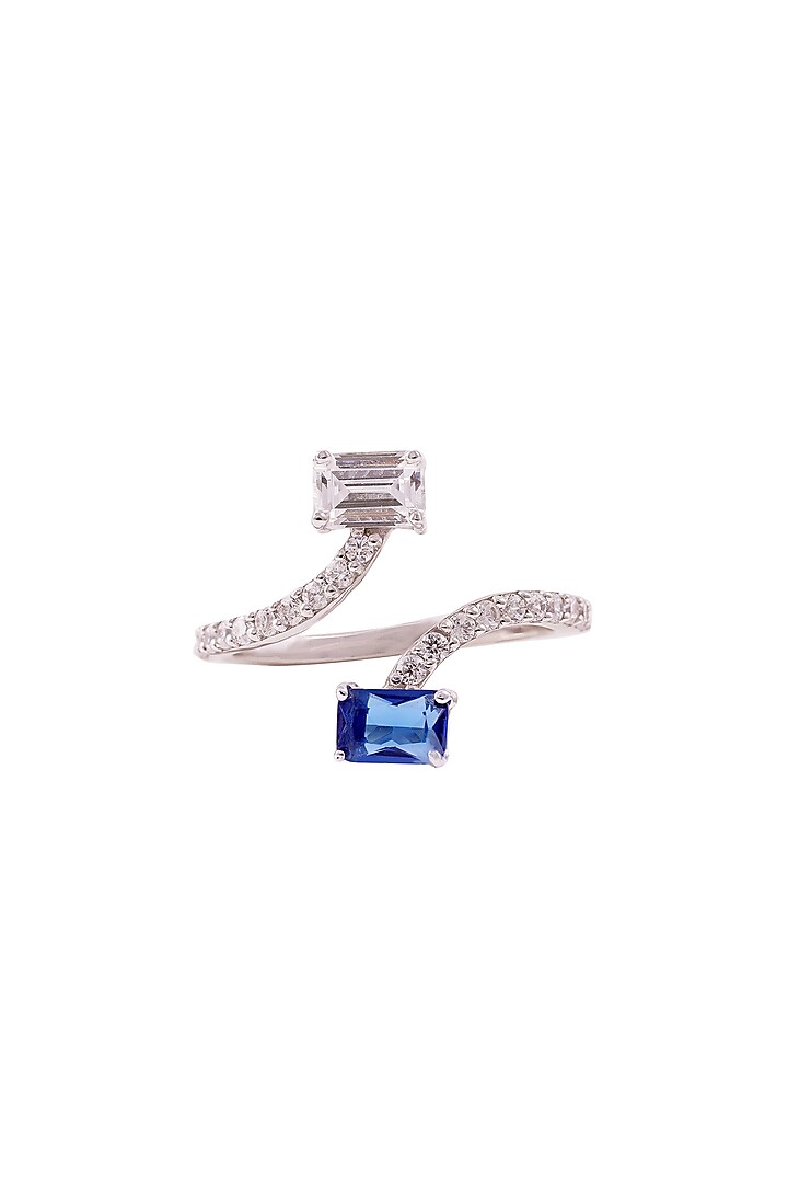 White Rhodium Finish Emerald Shaped Cubic Zirconia & Blue Stone Ring In Sterling Silver by PRATA