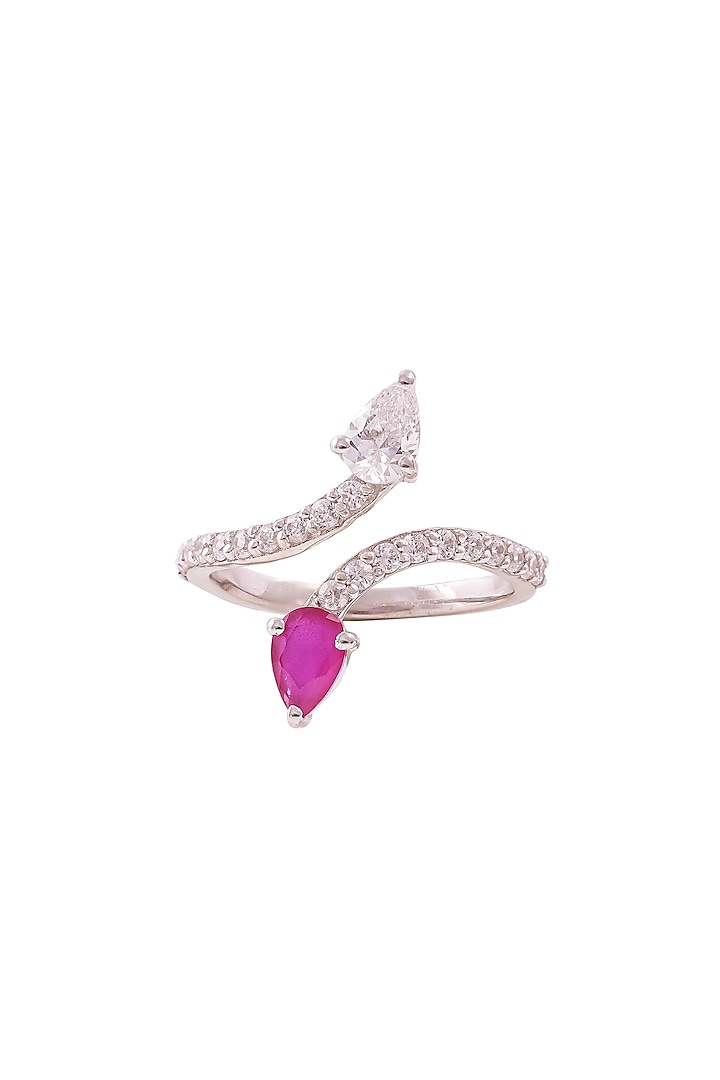 White Rhodium Finish Pear-Shaped Cubic Zirconia & Red Stone Ring In sterling Silver by PRATA