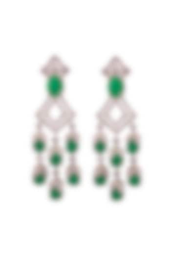 White Rhodium Finish Cubic Zirconia & Green Stone Dangler Earrings In Sterling Silver by PRATA