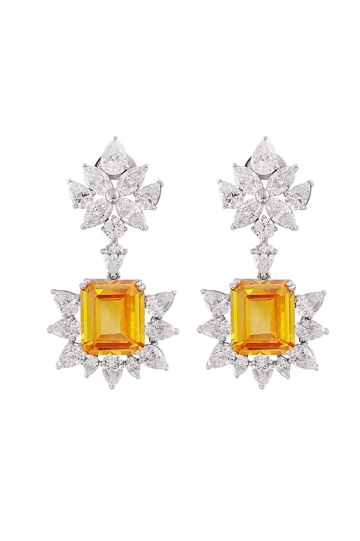 White Rhodium Finish Cubic Zirconia & Yellow Stone Dangler Earrings In Sterling Silver by PRATA