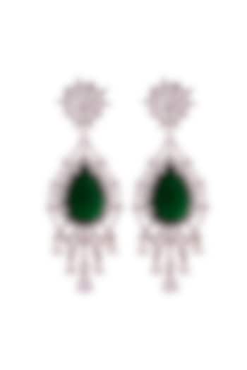 White Rhodium Finish Cubic Zirconia & Green Stone Dangler Earrings In Sterling Silver by PRATA