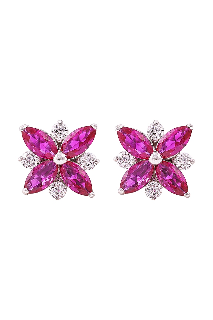 White Rhodium Finish Cubic Zirconia & Red Stone Stud Earrings In Sterling Silver by PRATA
