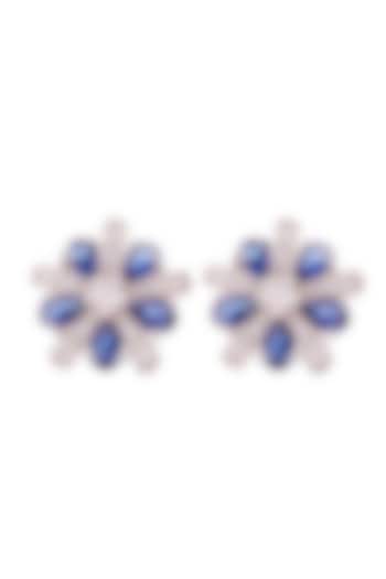 White Rhodium Finish Cubic Zirconia & Blue Stone Stud Earrings In Sterling Silver by PRATA
