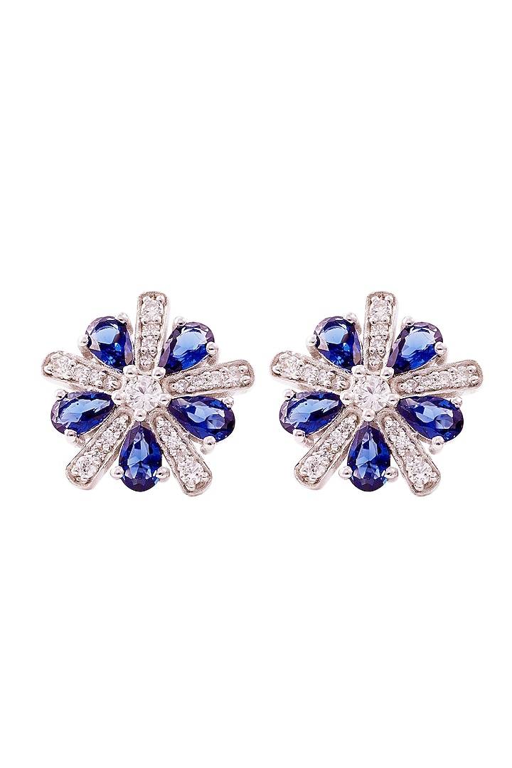 White Rhodium Finish Cubic Zirconia & Blue Stone Stud Earrings In Sterling Silver by PRATA